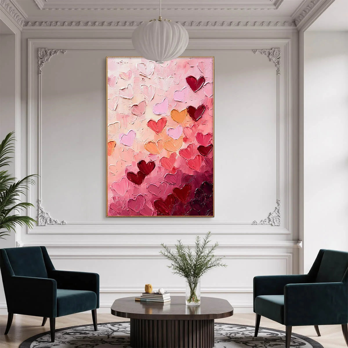HEARTSCAPE: Textured Impasto Abstract Oil Painting in Pink and Red | black frame version on white wall