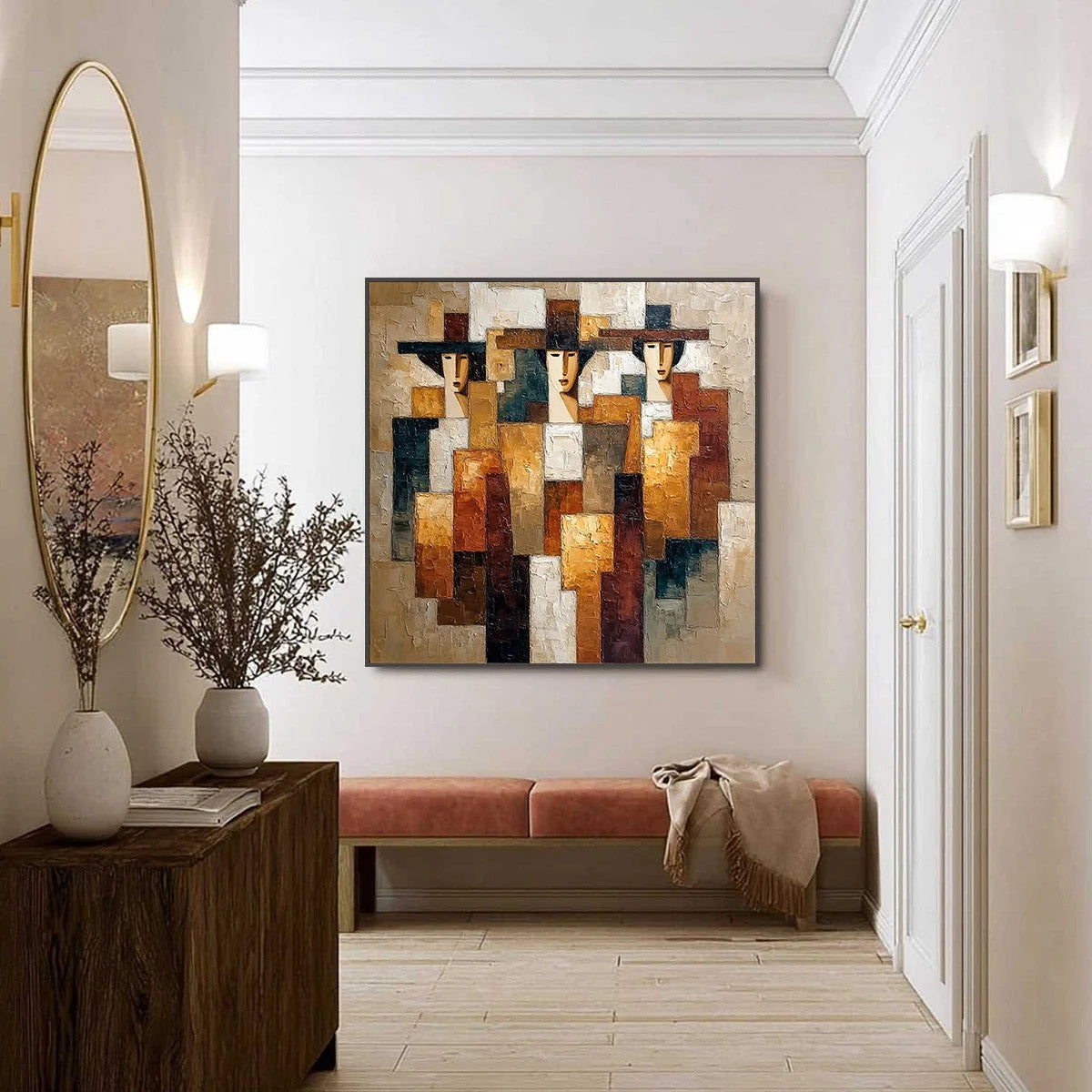 THE TRIAD: Heavily Textured Abstract Figurative Impasto Painting | gold frame stretched on neutral wall