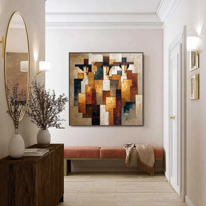 THE TRIAD: Heavily Textured Abstract Figurative Impasto Painting | gold frame stretched on neutral wall