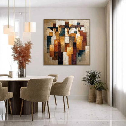 THE TRIAD: Heavily Textured Abstract Figurative Impasto Painting | black frame version on white wall
