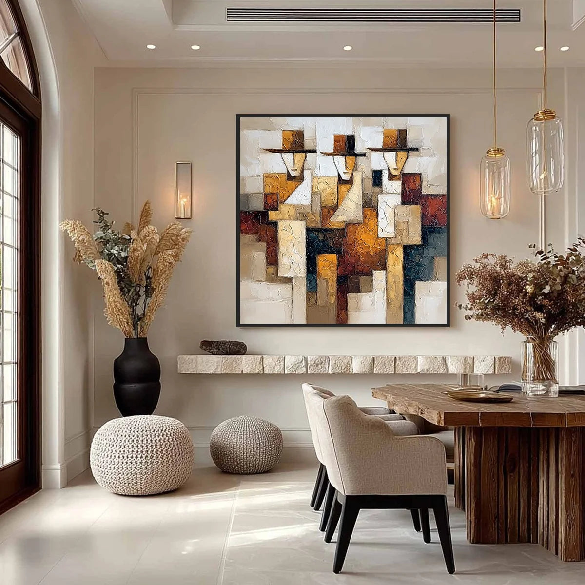 THE JOURNEYMEN: Heavy Texture Palette Knife Figurative Painting | gold frame stretched on neutral wall