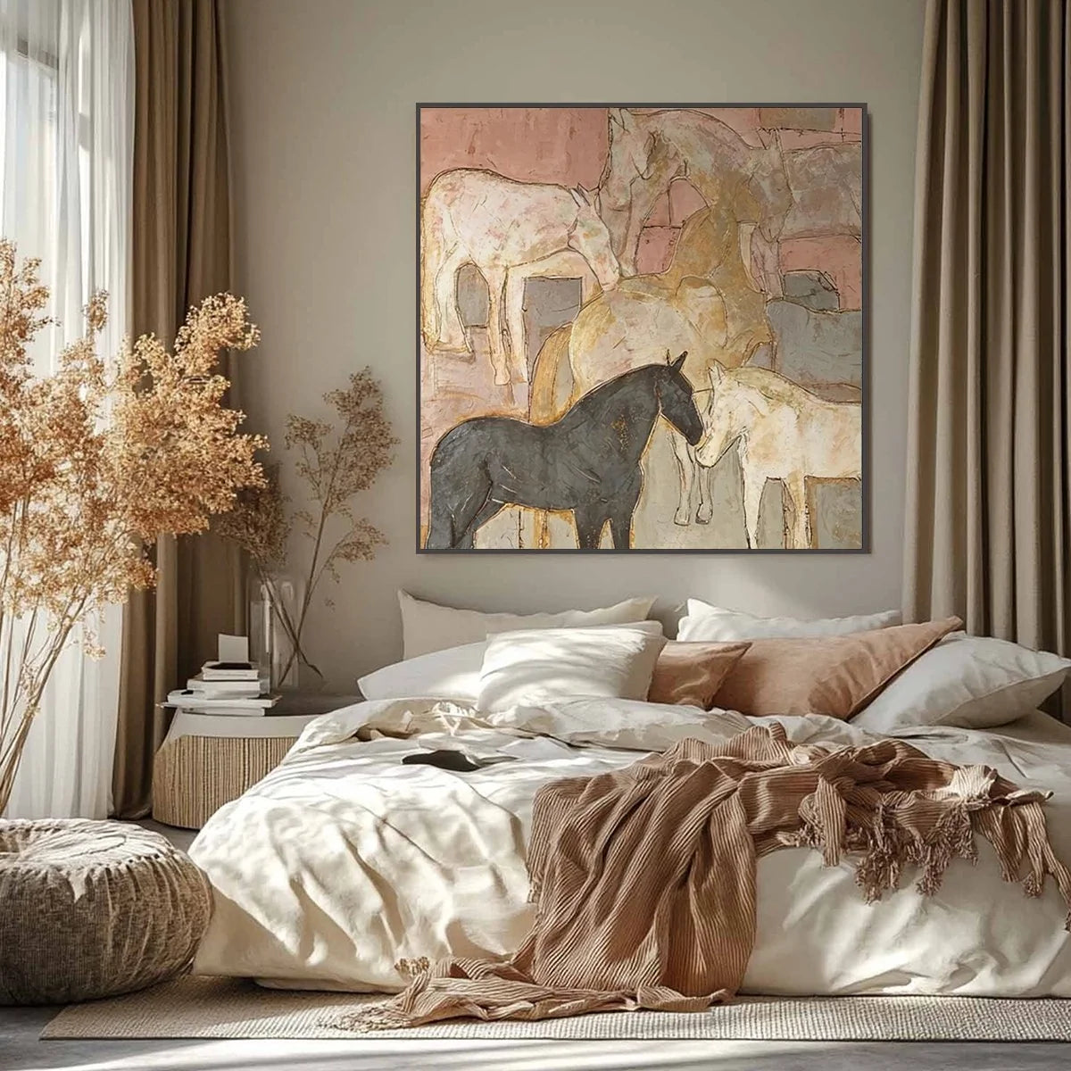 HERD WHISPERS: Figurative Textured Horse Painting | gold frame stretched on neutral wall