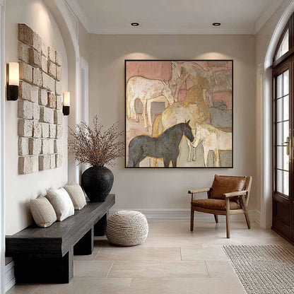 HERD WHISPERS: Figurative Textured Horse Painting | rolled canvas, ready for custom framing