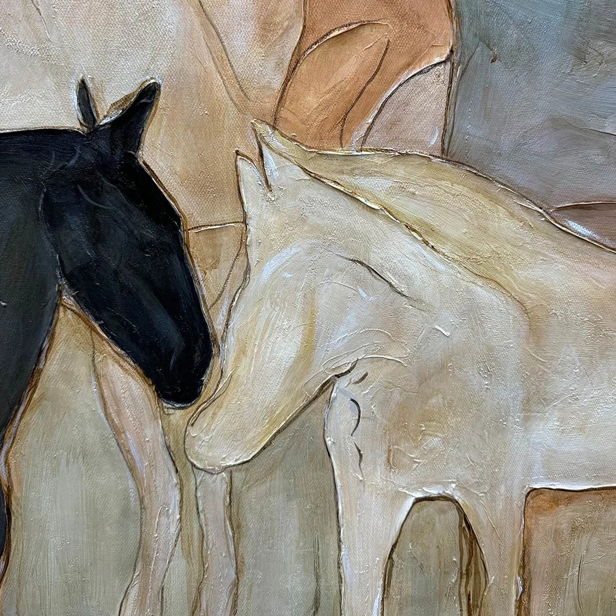 HERD WHISPERS: Figurative Textured Horse Painting | black frame version on white wall