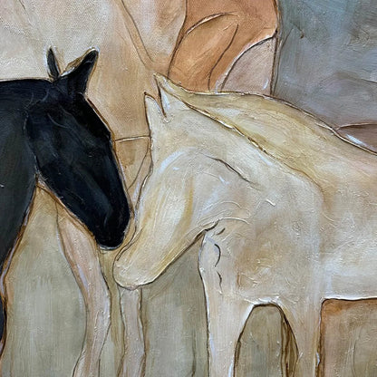HERD WHISPERS: Figurative Textured Horse Painting | black frame version on white wall
