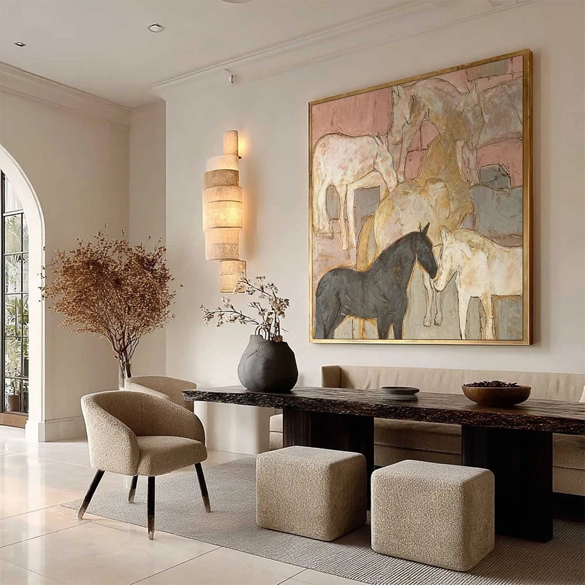 HERD WHISPERS: Figurative Textured Horse Painting | multi-color palette, original oil on stretched canvas art