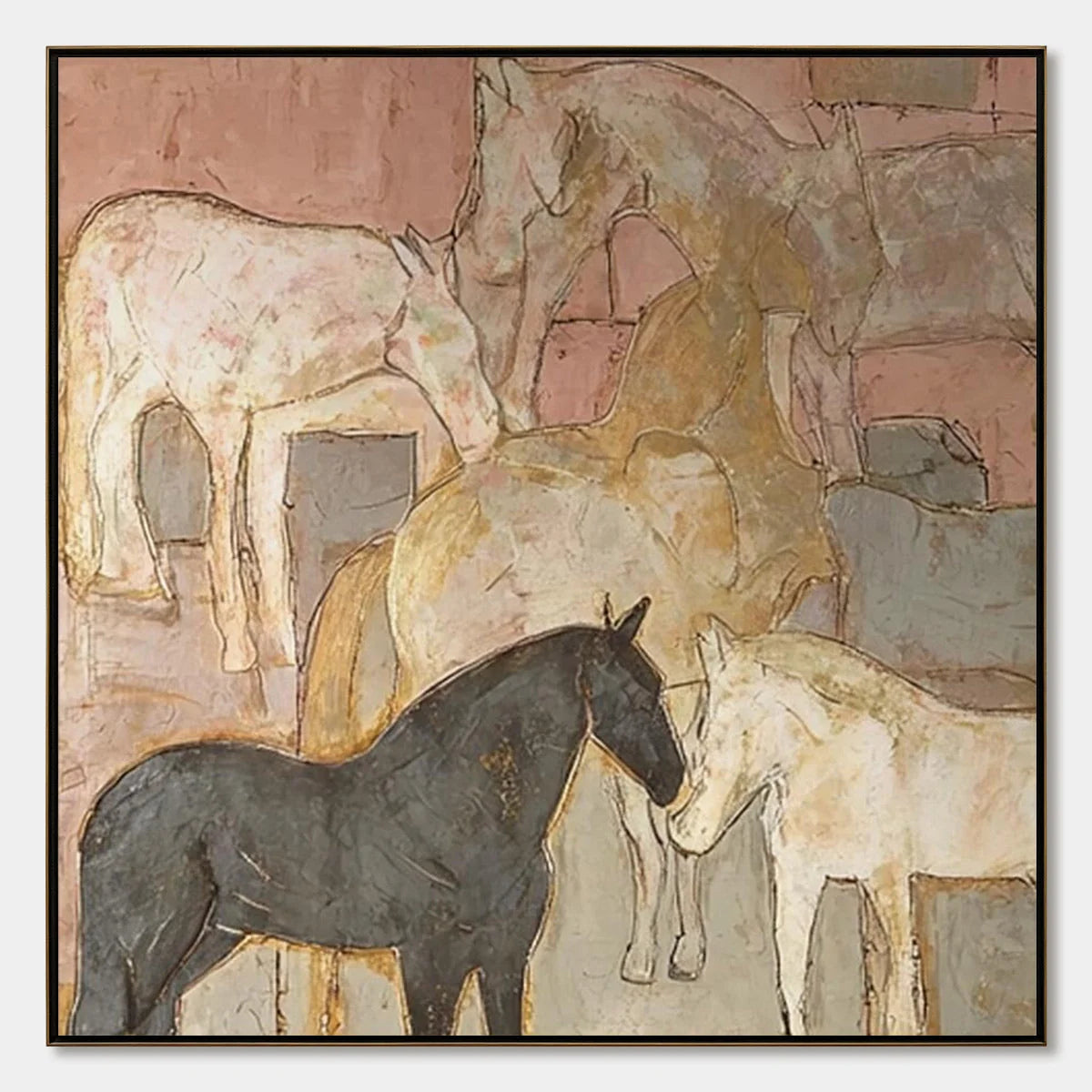 HERD WHISPERS: Figurative Textured Horse Painting | hanging in living room, Figurative wall art