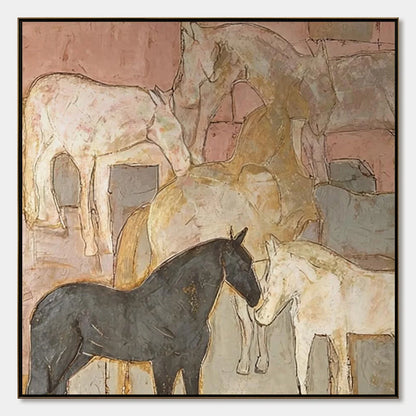 HERD WHISPERS: Figurative Textured Horse Painting | hanging in living room, Figurative wall art