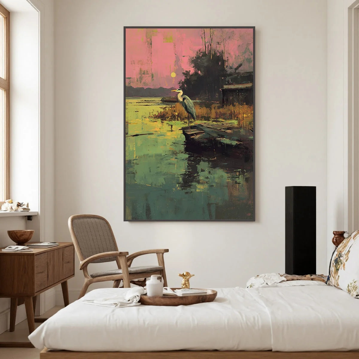 HERON'S REPOSE: Expressive Vertical Wildlife Painting of a Heron at Sunset | Abstract closeup, raised brushwork detail