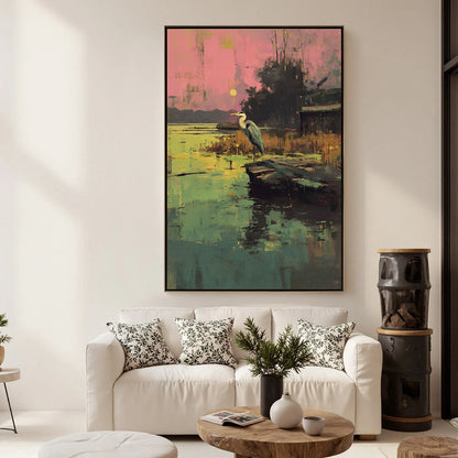 HERON'S REPOSE: Expressive Vertical Wildlife Painting of a Heron at Sunset | gold frame stretched on neutral wall