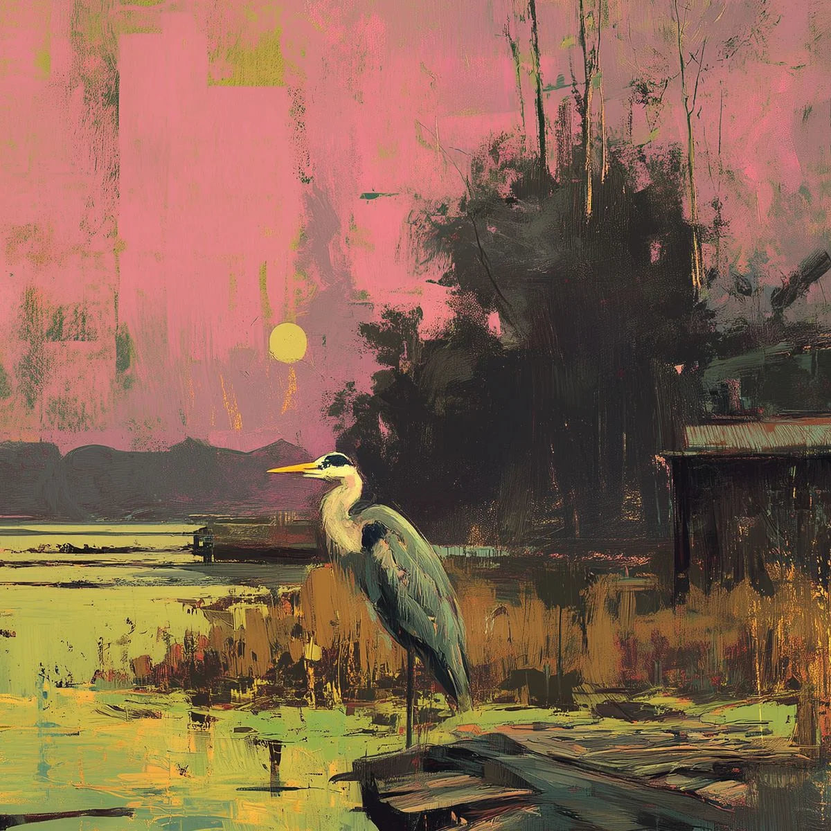 HERON'S REPOSE: Expressive Vertical Wildlife Painting of a Heron at Sunset | rolled canvas, ready for custom framing