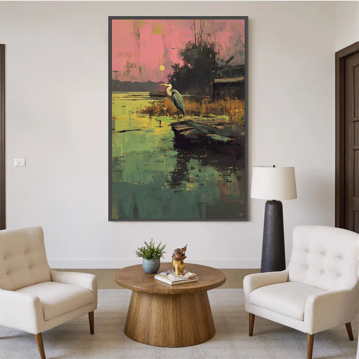 HERON'S REPOSE: Expressive Vertical Wildlife Painting of a Heron at Sunset | black frame version on white wall