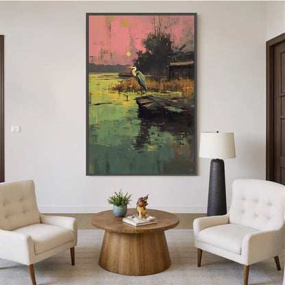 HERON'S REPOSE: Expressive Vertical Wildlife Painting of a Heron at Sunset | black frame version on white wall