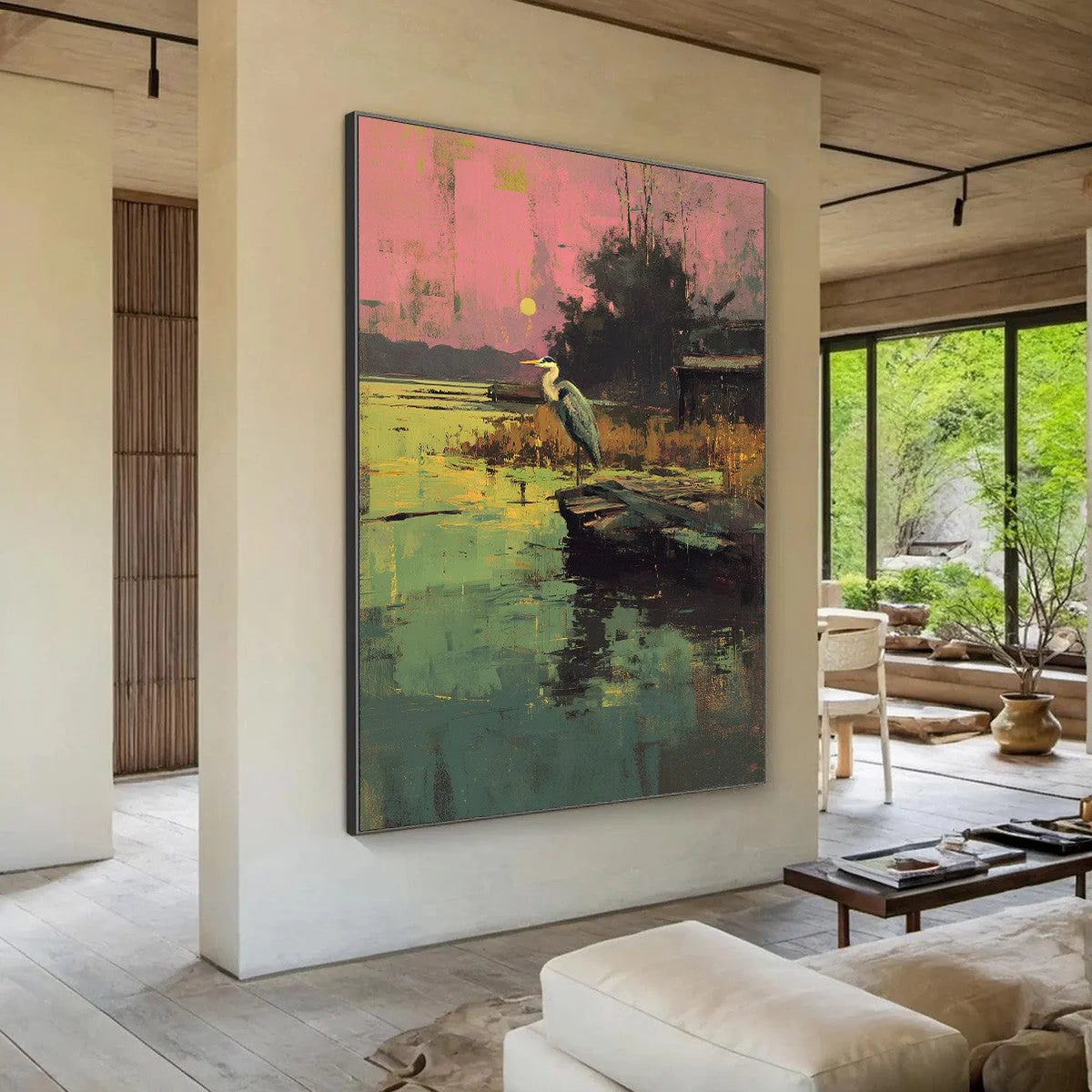 HERON'S REPOSE: Expressive Vertical Wildlife Painting of a Heron at Sunset | Abstract mood, soft natural light studio shot