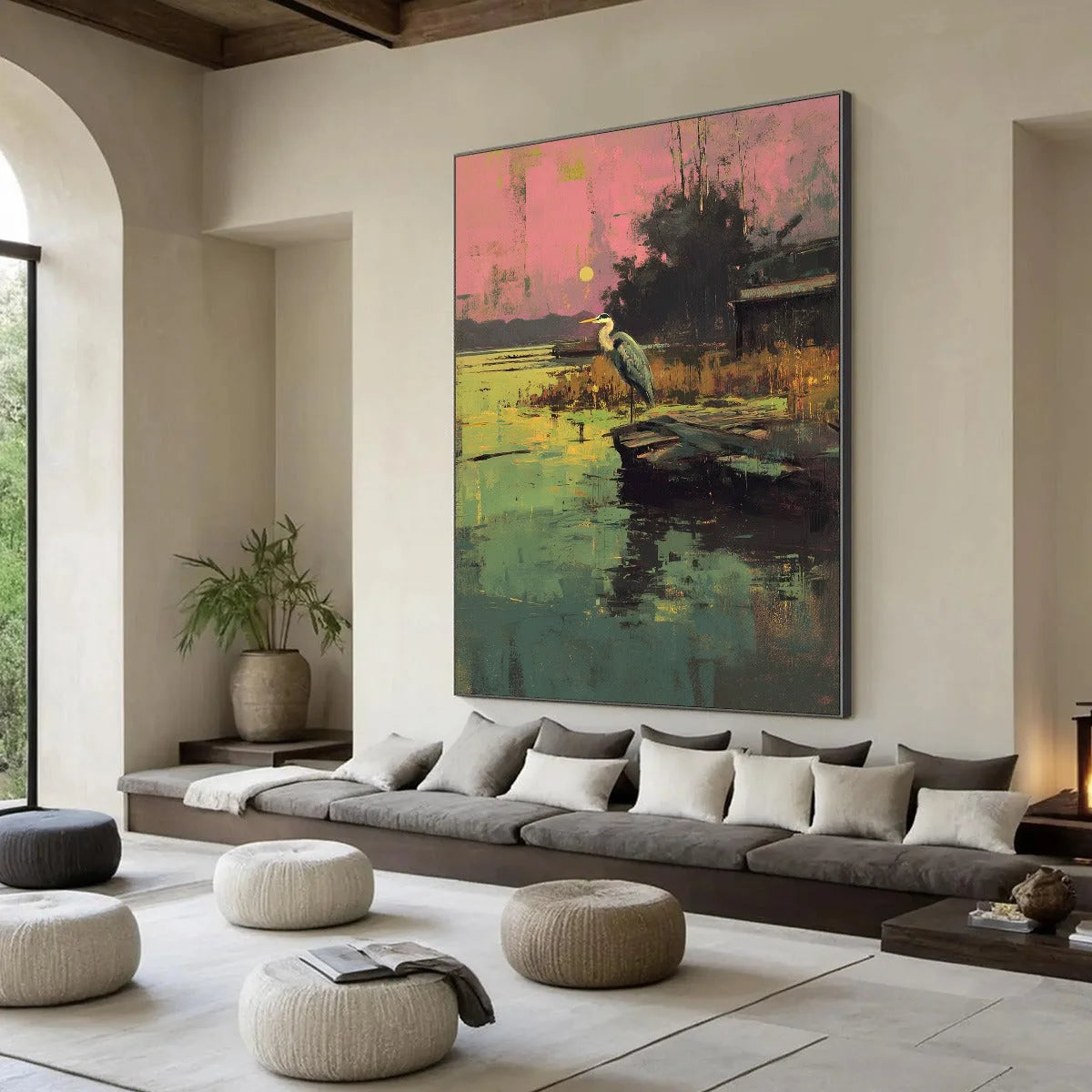 HERON'S REPOSE: Expressive Vertical Wildlife Painting of a Heron at Sunset | multi-color palette, original oil on stretched canvas art