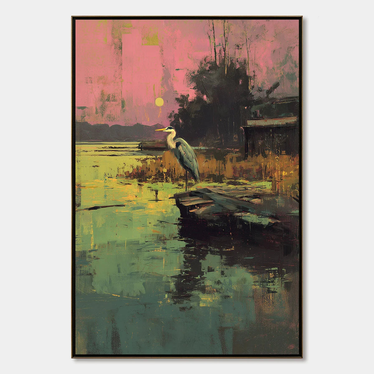 HERON'S REPOSE: Expressive Vertical Wildlife Painting of a Heron at Sunset | hanging in living room, Abstract wall art