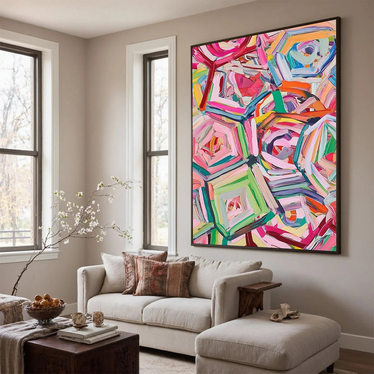 HEXAGONAL HARMONY Textured Abstract Impasto Oil Painting | gold frame stretched on neutral wall