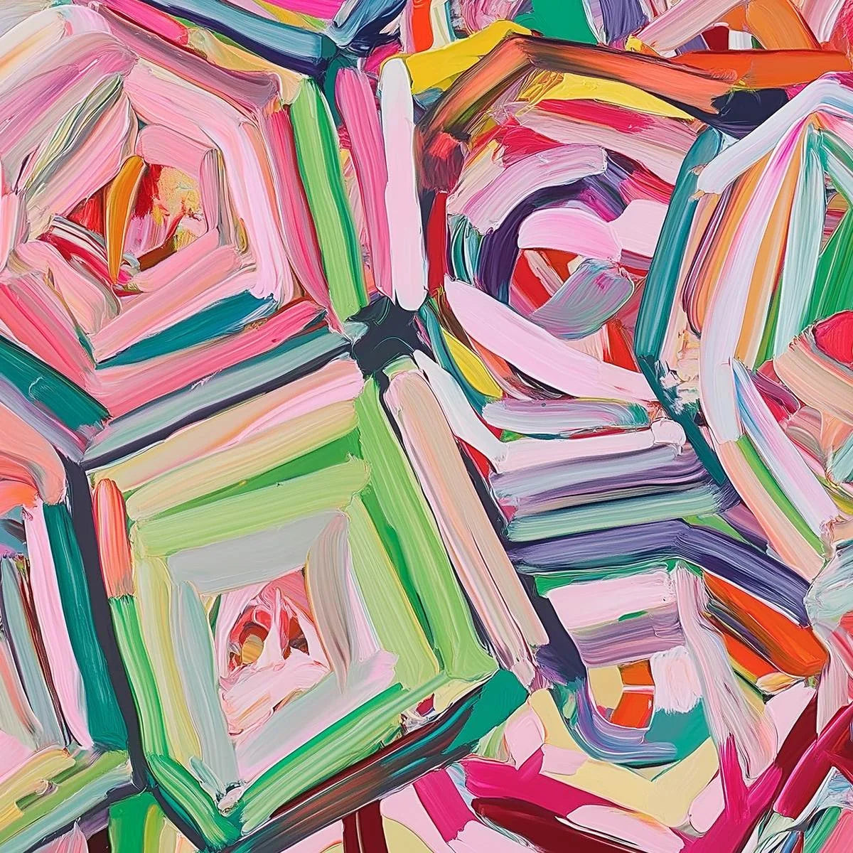 HEXAGONAL HARMONY Textured Abstract Impasto Oil Painting | texture detail, palette knife marks visible