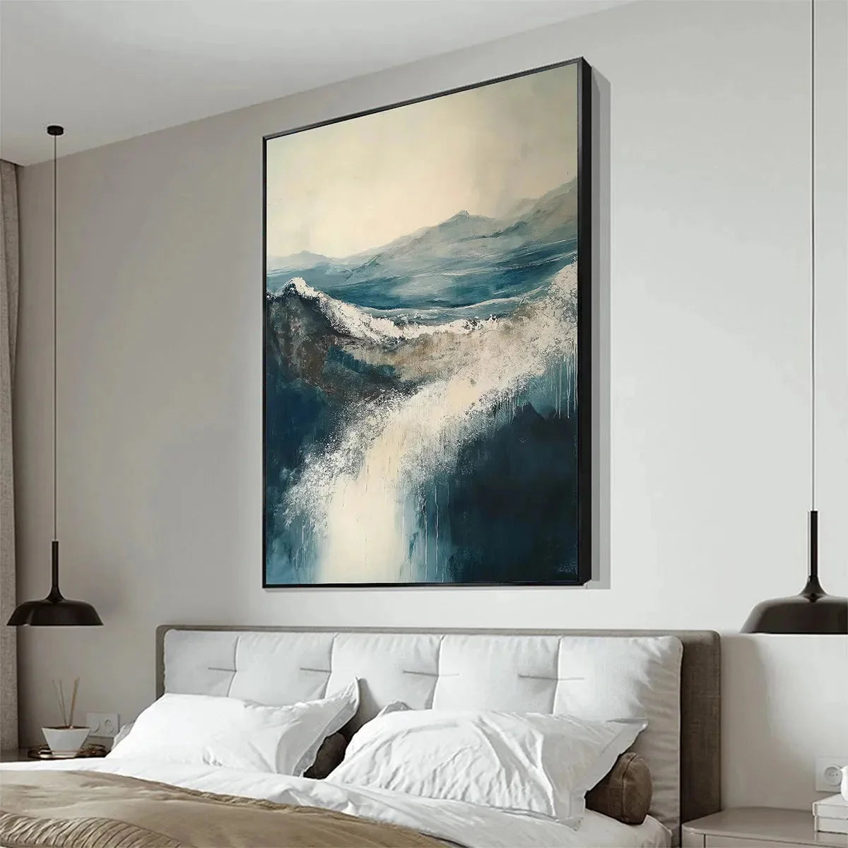 HIGHLAND MIST: Atmospheric Landscape Oil Painting | gold frame stretched on neutral wall