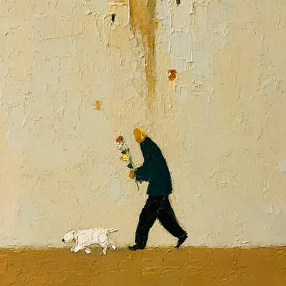 HOMEWARD BOUND: Textured Figurative Painting of Man and Dog | rectangular format, hand-painted canvas edge