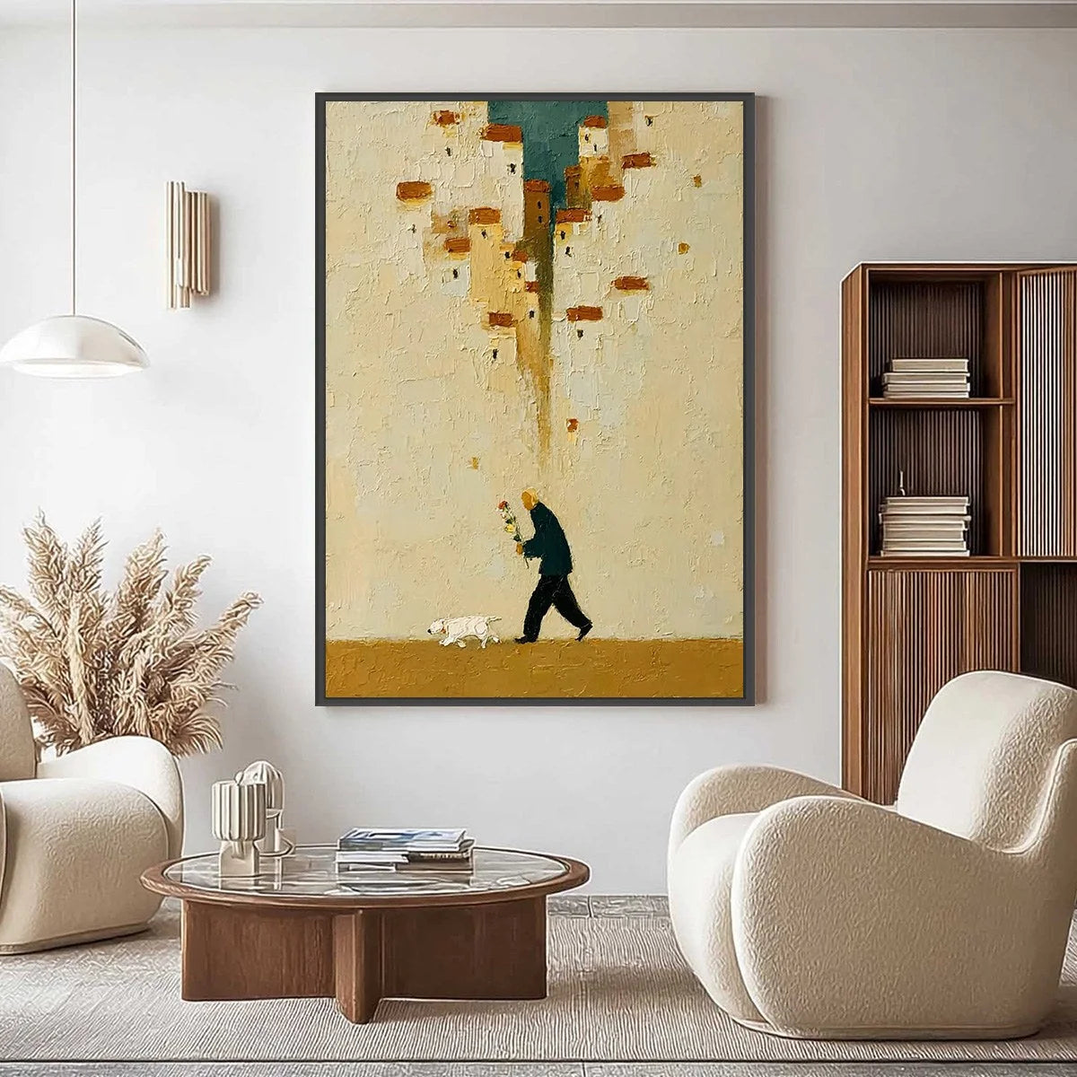 HOMEWARD BOUND: Textured Figurative Painting of Man and Dog | gold frame stretched on neutral wall