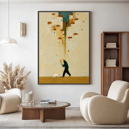 HOMEWARD BOUND: Textured Figurative Painting of Man and Dog | gold frame stretched on neutral wall