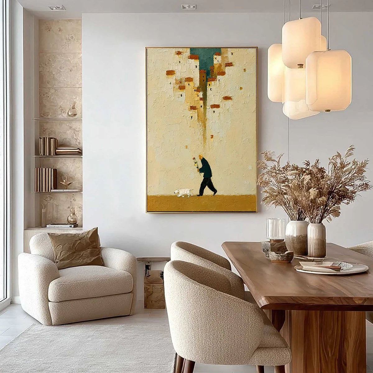 HOMEWARD BOUND: Textured Figurative Painting of Man and Dog | black frame version on white wall