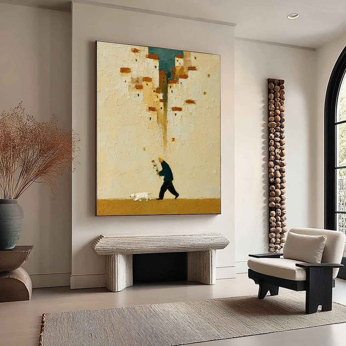 HOMEWARD BOUND: Textured Figurative Painting of Man and Dog | multi-color palette, original oil on stretched canvas art