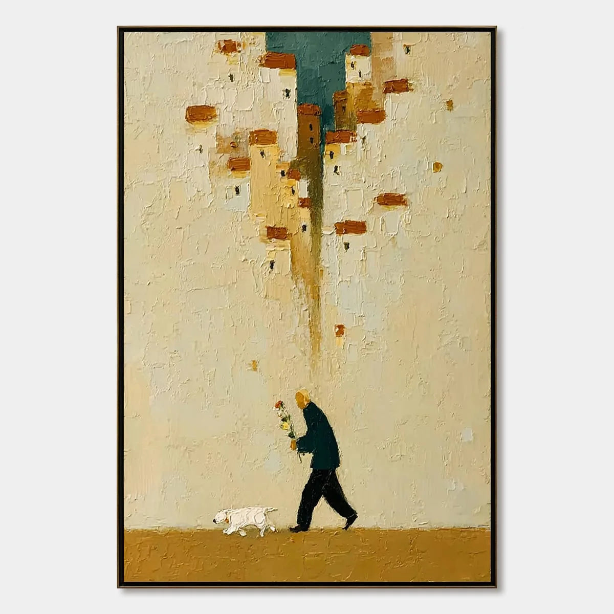 HOMEWARD BOUND: Textured Figurative Painting of Man and Dog | hanging in living room, Figurative wall art
