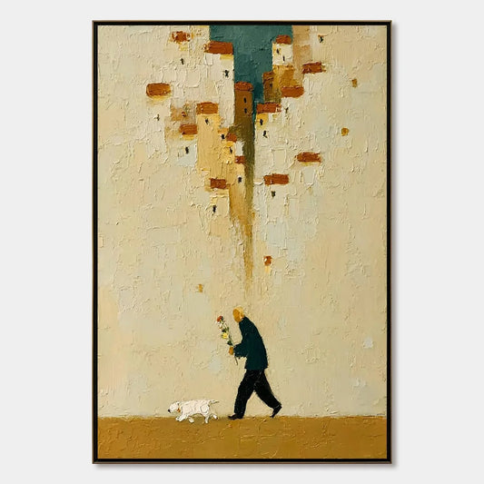 HOMEWARD BOUND: Textured Figurative Painting of Man and Dog | hanging in living room, Figurative wall art