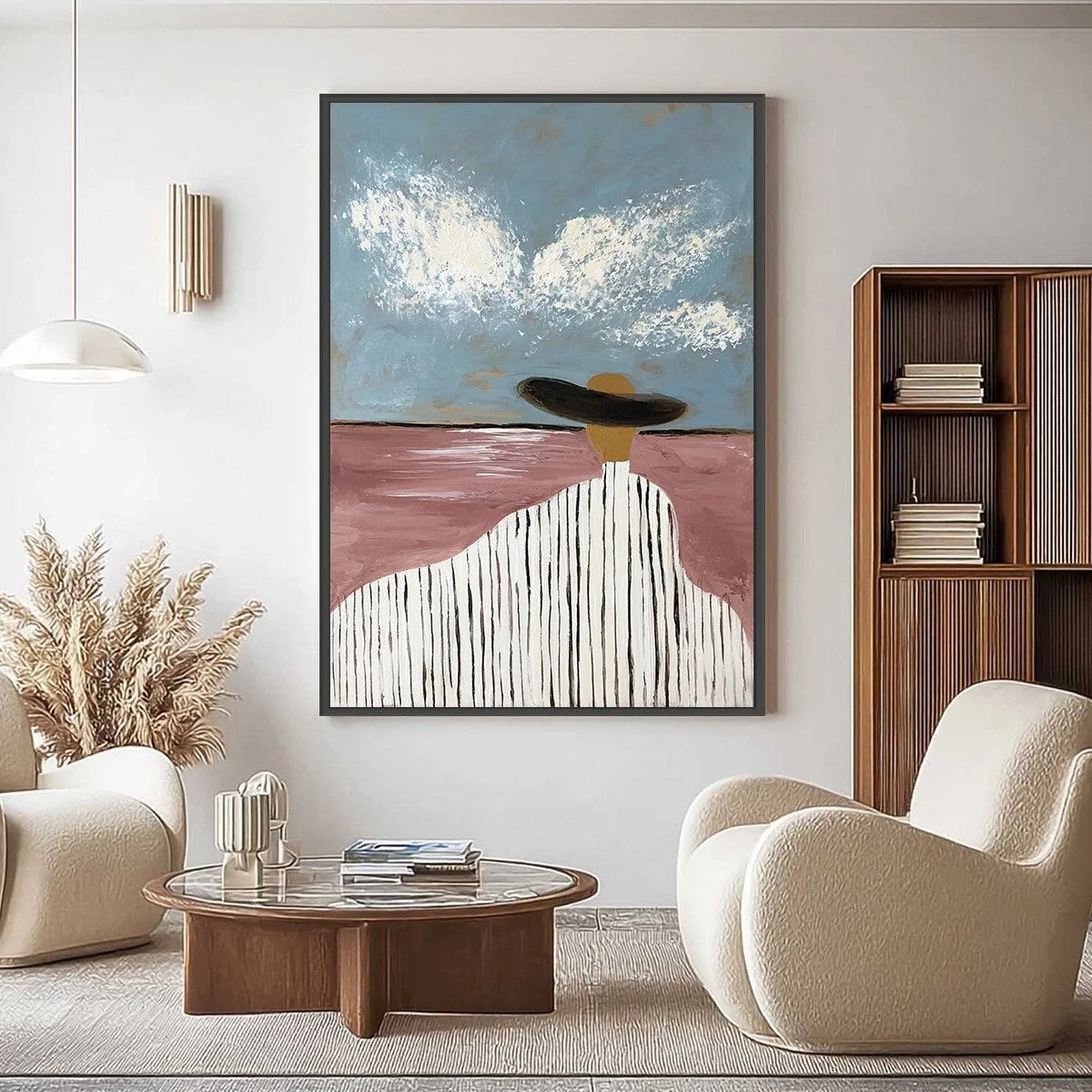HORIZON GAZE: Minimalist Figurative Painting of Woman on Beach | Minimalist closeup, raised brushwork detail