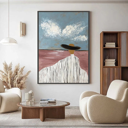 HORIZON GAZE: Minimalist Figurative Painting of Woman on Beach | Minimalist closeup, raised brushwork detail