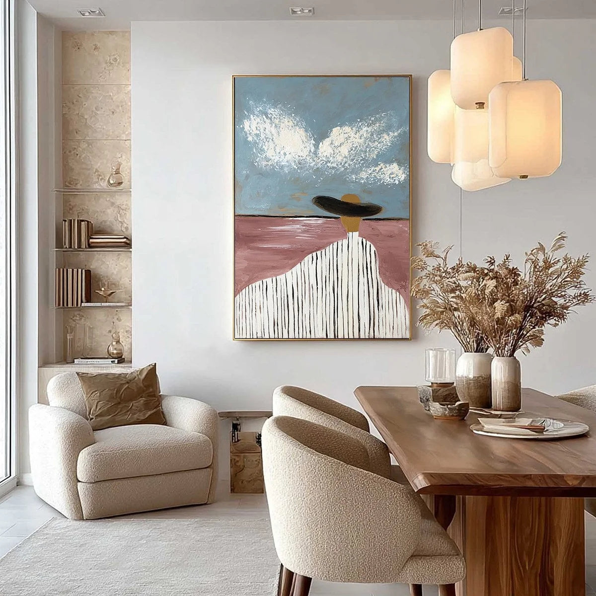 HORIZON GAZE: Minimalist Figurative Painting of Woman on Beach | gold frame stretched on neutral wall
