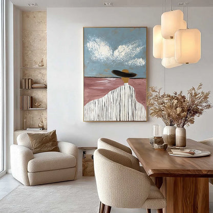 HORIZON GAZE: Minimalist Figurative Painting of Woman on Beach | gold frame stretched on neutral wall
