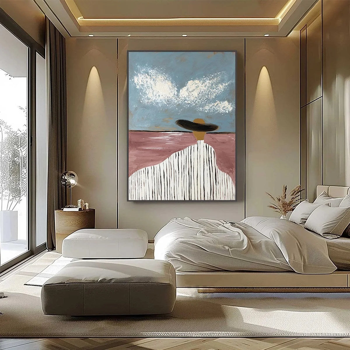 HORIZON GAZE: Minimalist Figurative Painting of Woman on Beach | black frame version on white wall