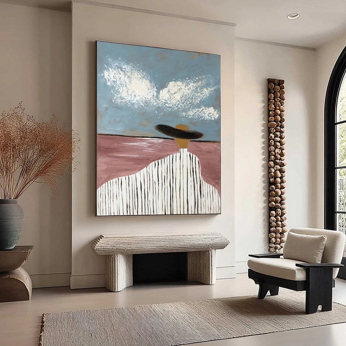 HORIZON GAZE: Minimalist Figurative Painting of Woman on Beach | multi-color palette, original oil on stretched canvas art