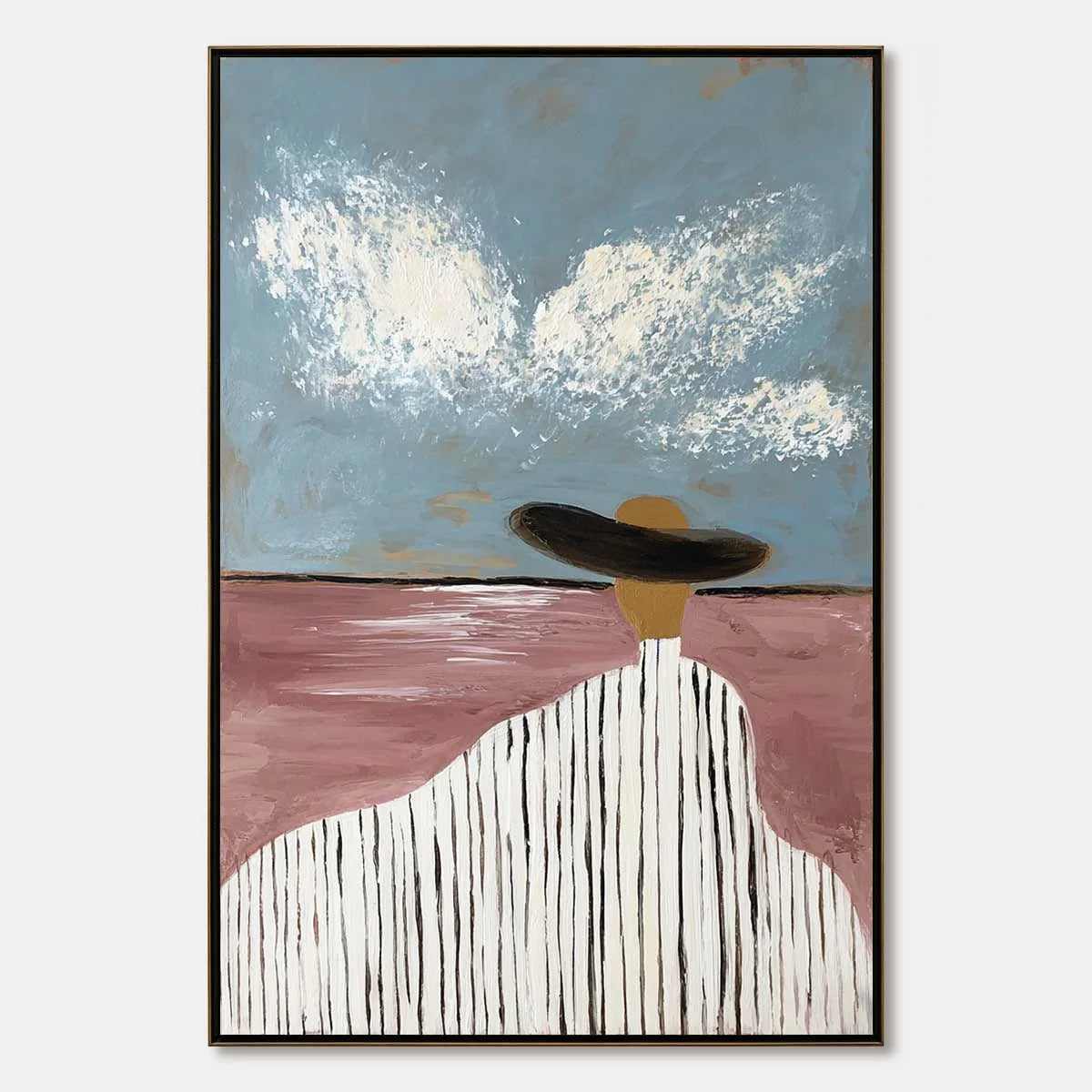 HORIZON GAZE: Minimalist Figurative Painting of Woman on Beach | hanging in living room, Minimalist wall art