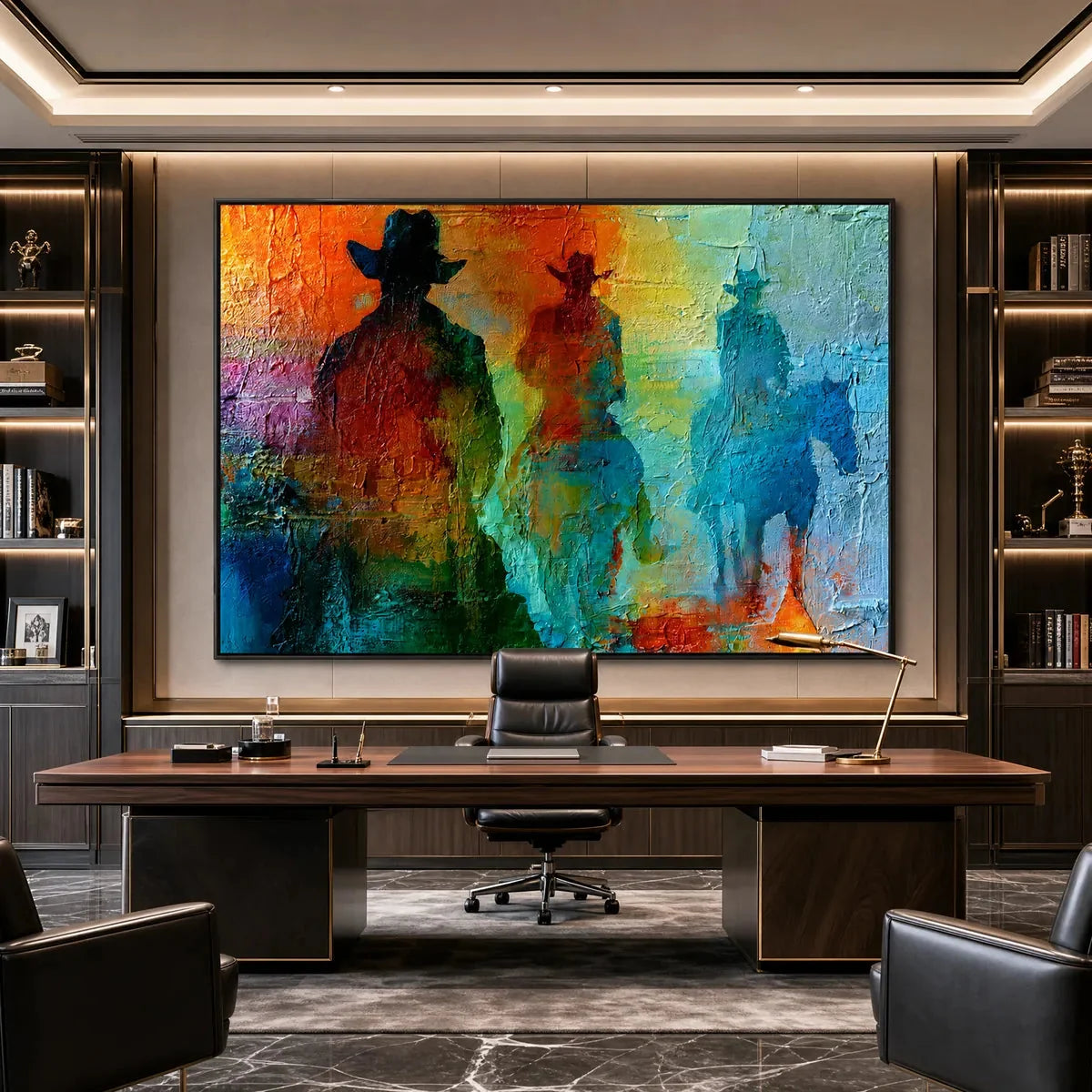 HORIZON RIDERS: Textured Abstract Western Painting of Riders on Horseback | Abstract closeup, raised brushwork detail