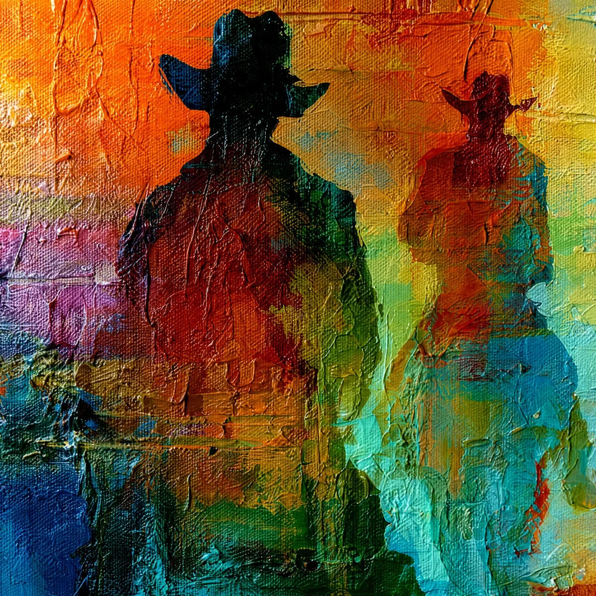 HORIZON RIDERS: Textured Abstract Western Painting of Riders on Horseback | rectangular format, hand-painted canvas edge