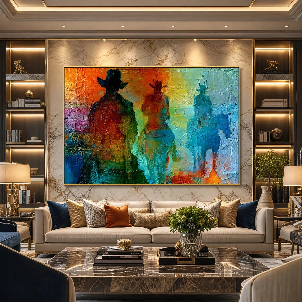 HORIZON RIDERS: Textured Abstract Western Painting of Riders on Horseback | gold frame stretched on neutral wall