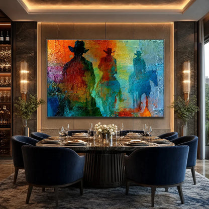HORIZON RIDERS: Textured Abstract Western Painting of Riders on Horseback | rolled canvas, ready for custom framing