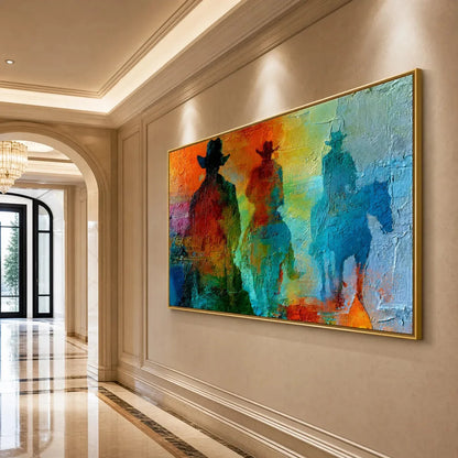 HORIZON RIDERS: Textured Abstract Western Painting of Riders on Horseback | black frame version on white wall