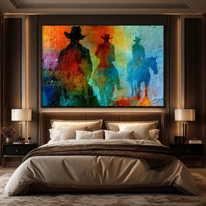 HORIZON RIDERS: Textured Abstract Western Painting of Riders on Horseback | Abstract mood, soft natural light studio shot
