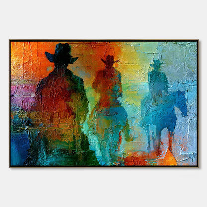 HORIZON RIDERS: Textured Abstract Western Painting of Riders on Horseback | hanging in living room, Abstract wall art