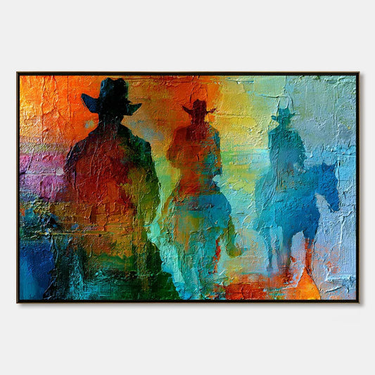 HORIZON RIDERS: Textured Abstract Western Painting of Riders on Horseback | hanging in living room, Abstract wall art