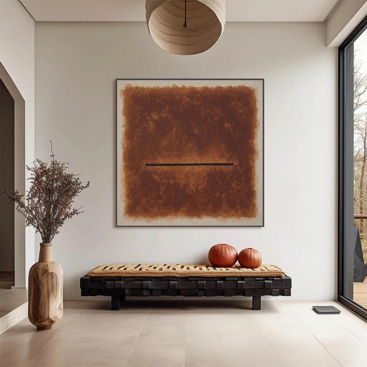 HORIZON: Textured Minimalist Abstract Brown Oil Painting | gold frame stretched on neutral wall