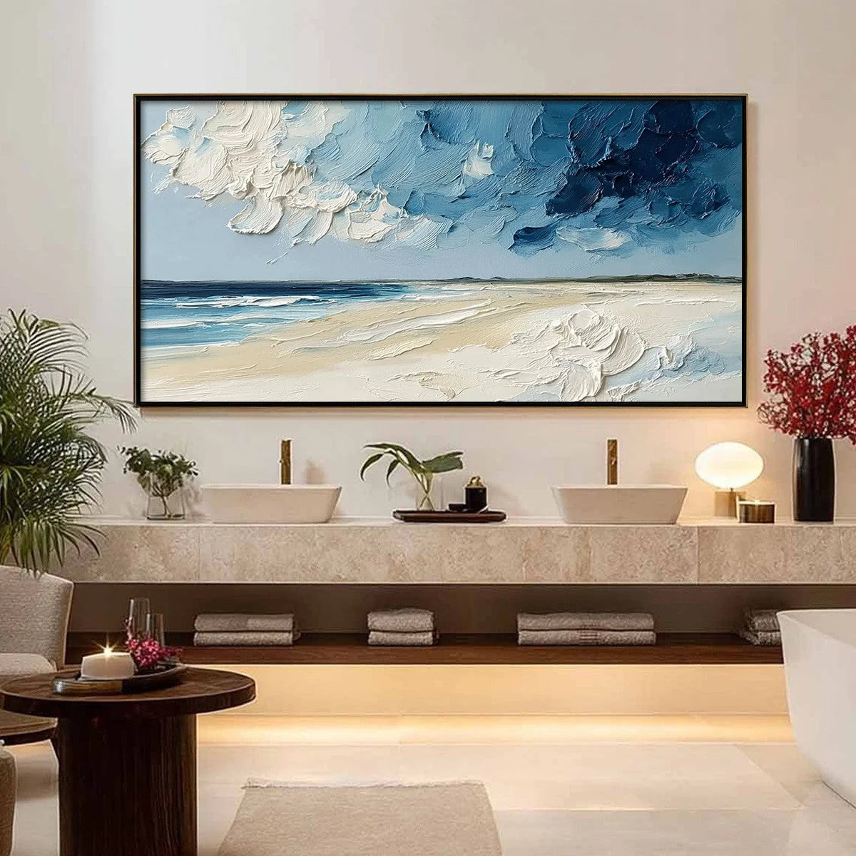 HORIZON'S BREATH: Textured Impasto Coastal Landscape Oil Painting | gold frame stretched on neutral wall