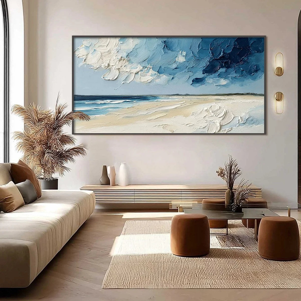 HORIZON'S BREATH: Textured Impasto Coastal Landscape Oil Painting | black frame version on white wall