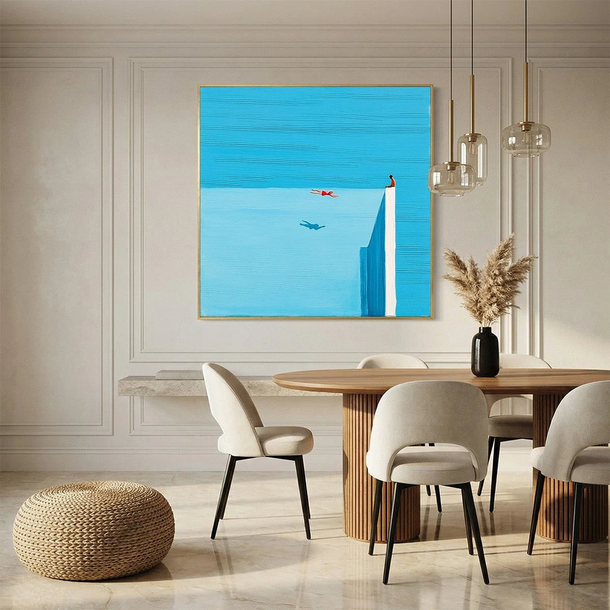 HORIZON'S EDGE: Minimalist Blue Seascape Painting with Figures | Minimalist closeup, raised brushwork detail