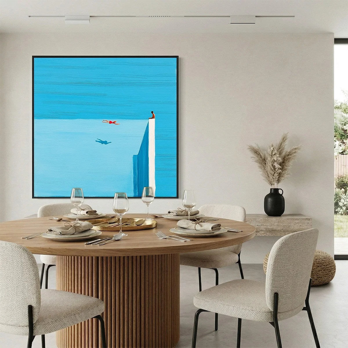HORIZON'S EDGE: Minimalist Blue Seascape Painting with Figures | gold frame stretched on neutral wall